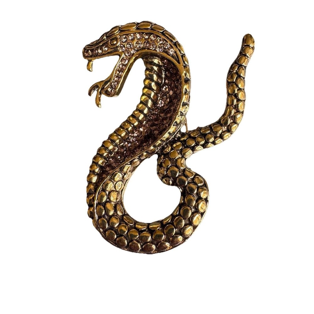 Large Gold Tone Coiled Snake Serpent Brooch Pin Rhinestone Scales Gothic Animal